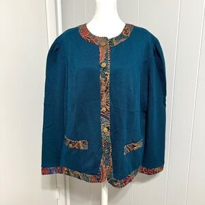 Vintage Jeffrey & Dara by Linda Hutley Teal Knit Cardigan Paisley Trim Size 20‎